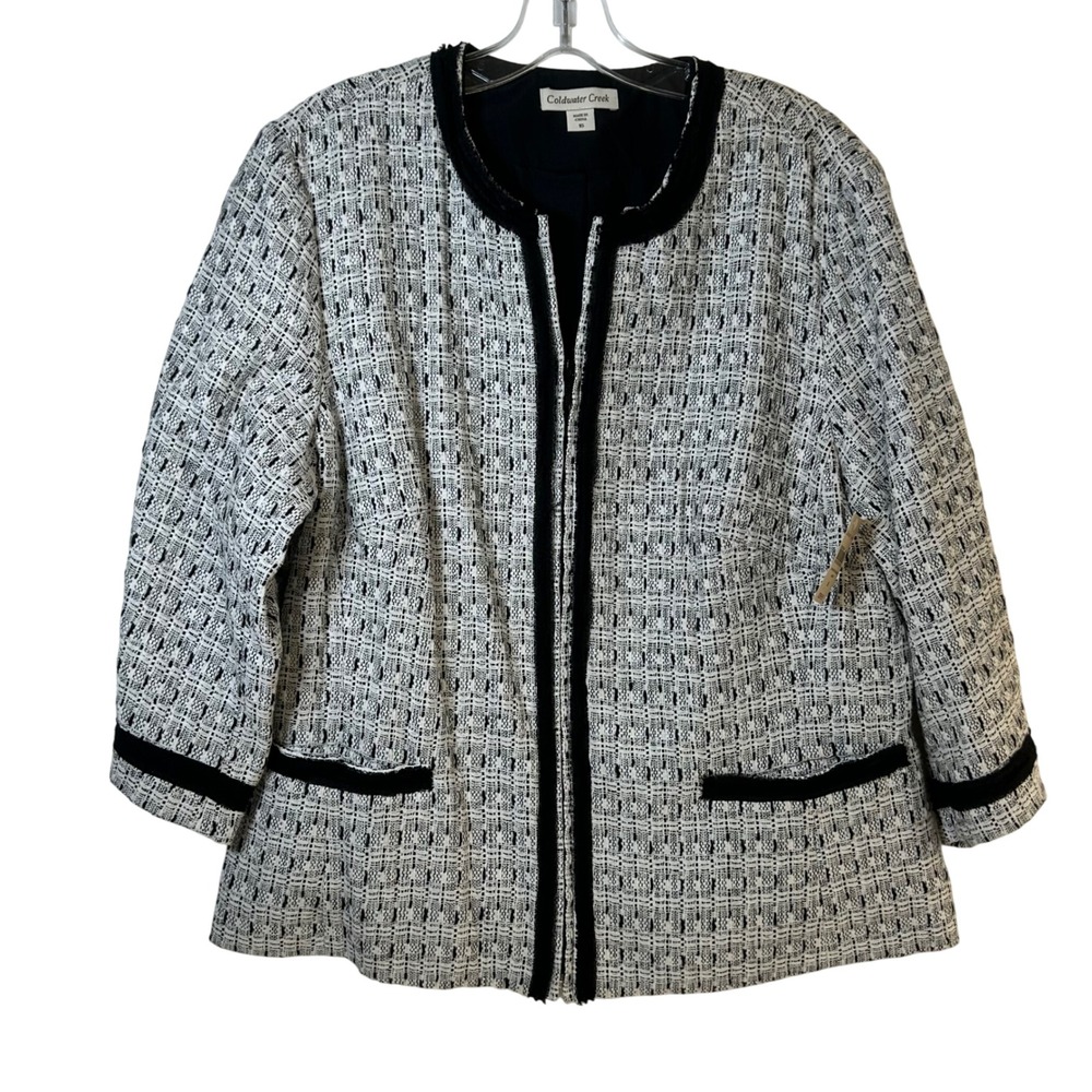 Coldwater Creek Black‎ White Contrast Trim Tweed Jacket Size 16